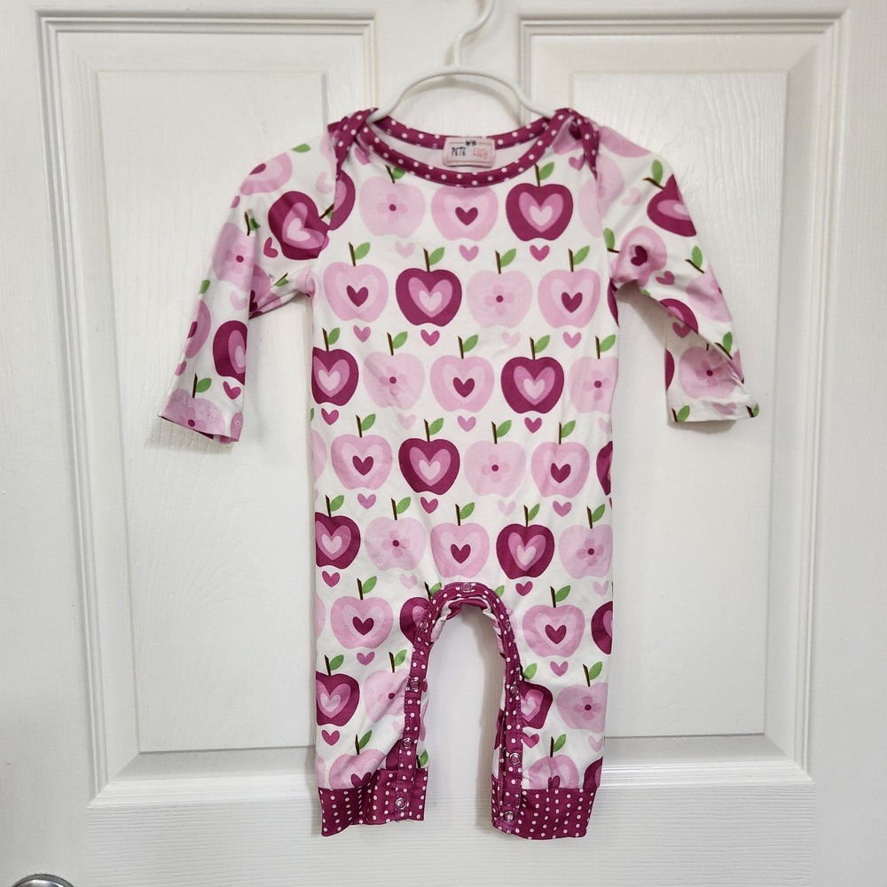 Pete + Lucy Baby Girls Pink Purple Apple Heart Romper 6-9M Long Sleeve Polka Dot